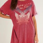 Red t-shirt dress with eagle graphic and text on a plain background