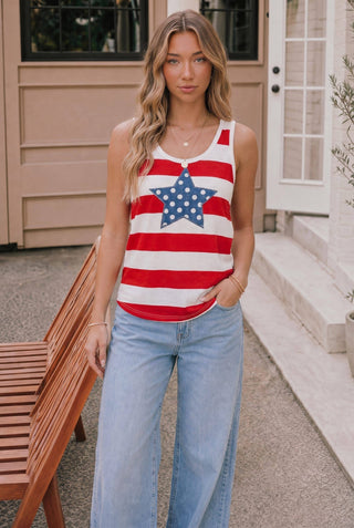 4th of July Star Stripe Tank Top: RED / M