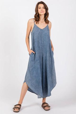 DENIM SLOUCHY FITTED JUMPSUIT - VJ3103A: MED WASH / S