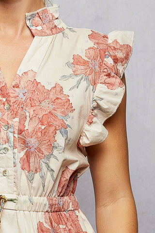 V-Neck Sleeveless Ruffle Floral Printed Maxi Dress: PEACH FLORAL / L