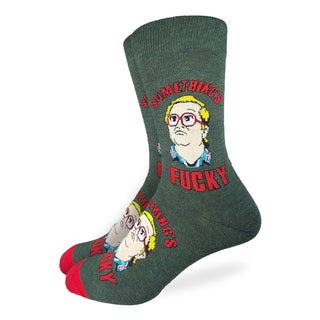 Green sock with graphic design and text on a white background