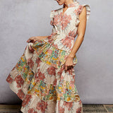 V-Neck Sleeveless Ruffle Floral Printed Maxi Dress: PEACH FLORAL / L