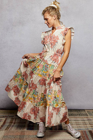 V-Neck Sleeveless Ruffle Floral Printed Maxi Dress: PEACH FLORAL / L