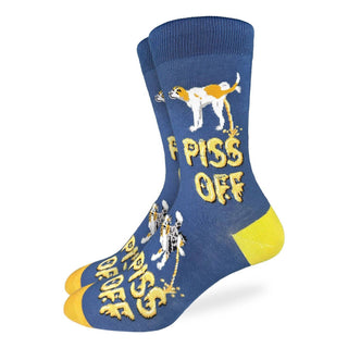 Blue sock with yellow text and dog illustration on a white background