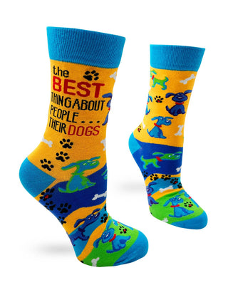Colorful socks with dog illustrations and text on a white background