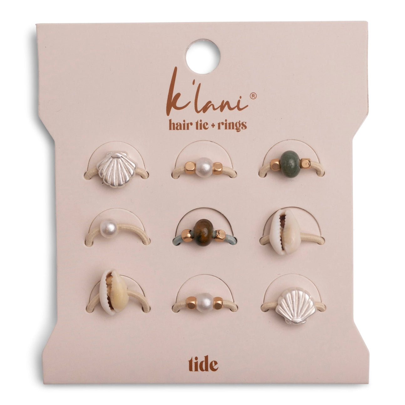 Set of hair tie rings on a branded card with 'klani' and 'tide' branding.