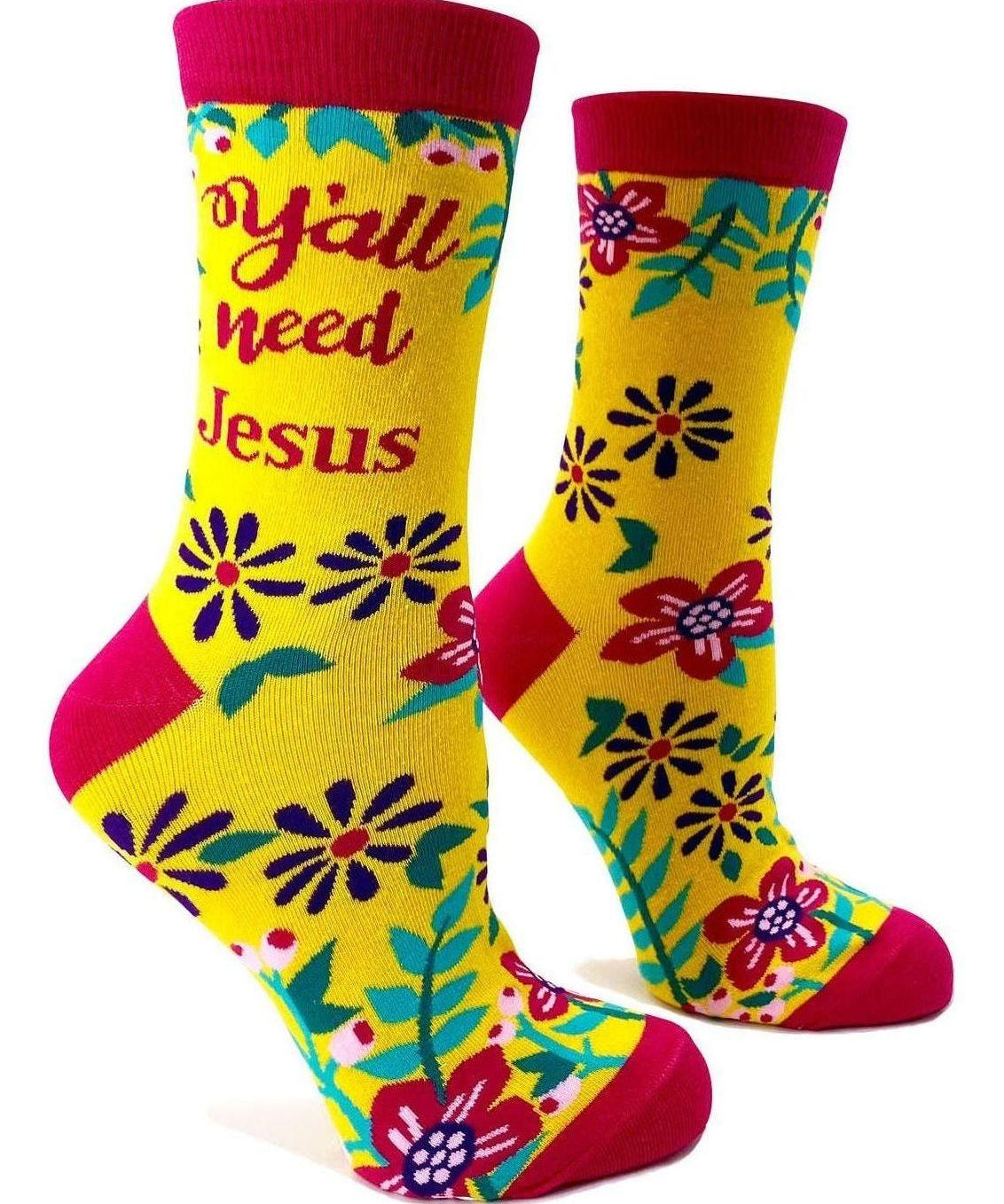 Colorful socks with floral patterns and text on a white background