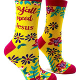 Colorful socks with floral patterns and text on a white background