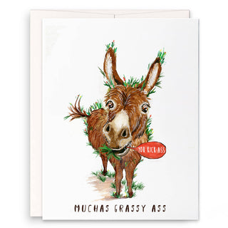 Greeting card with a donkey illustration and text on a white background
