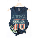 Navy blue tank top with 'America The Beautiful 76' design on a white background