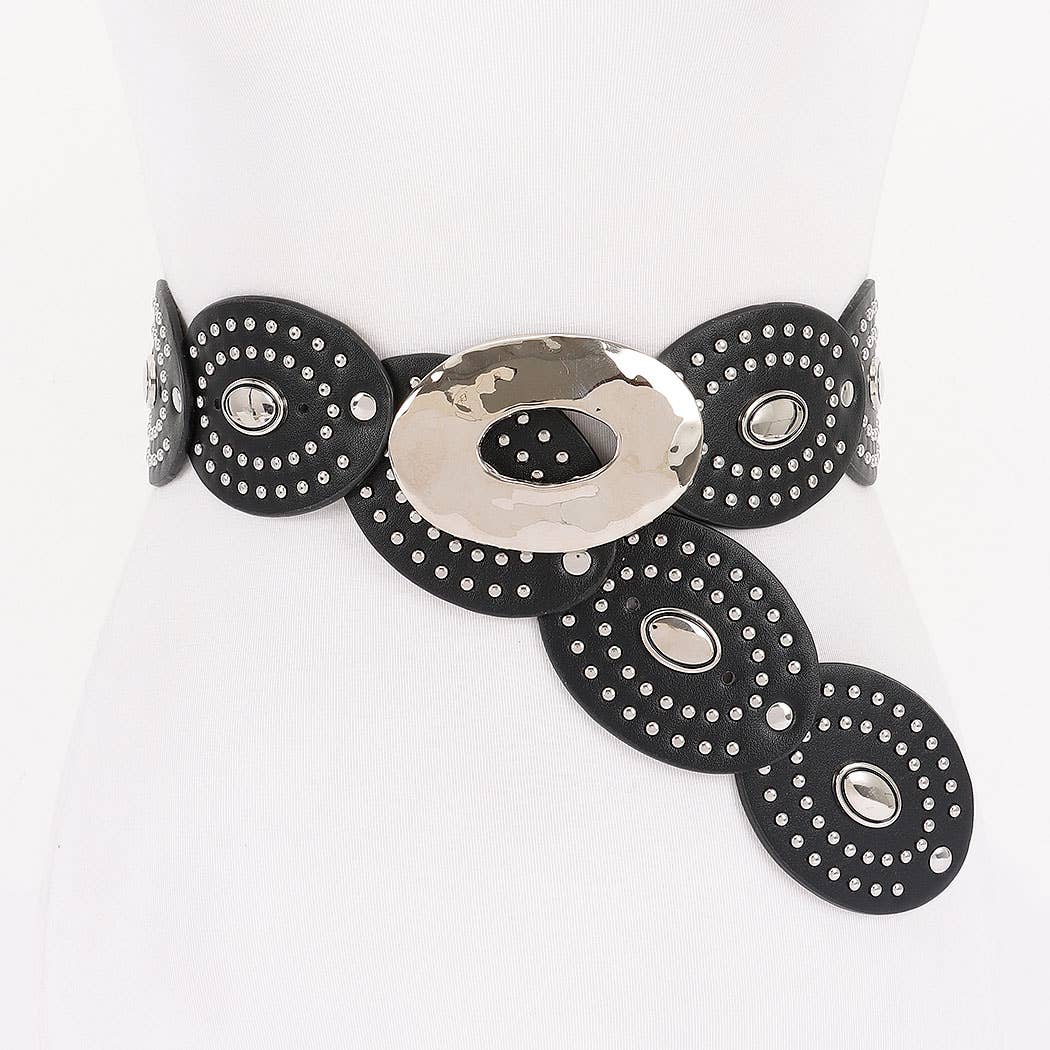 Black and silver circular bracelet on a white background