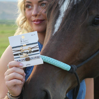"Gallop" Horse & Bit Equestrian Accents in Rich Brown & Blue Hair Tie Bracelets: Medium