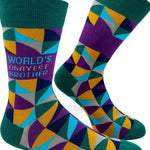 Colorful socks with geometric pattern and 'World's Okayest Brother' text on a white background