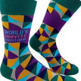 Colorful socks with geometric pattern and 'World's Okayest Brother' text on a white background