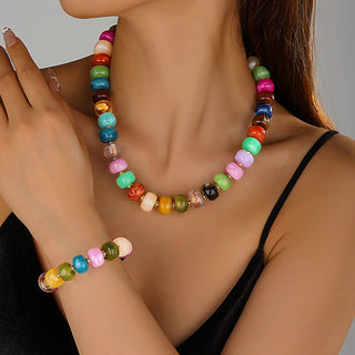 Irregular Barrel Bead Necklace & Bracelet Set Boho Jewelry: Necklace / M
