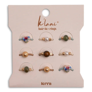 Set of hair tie rings on a branded card with 'klani' and 'terra' branding.