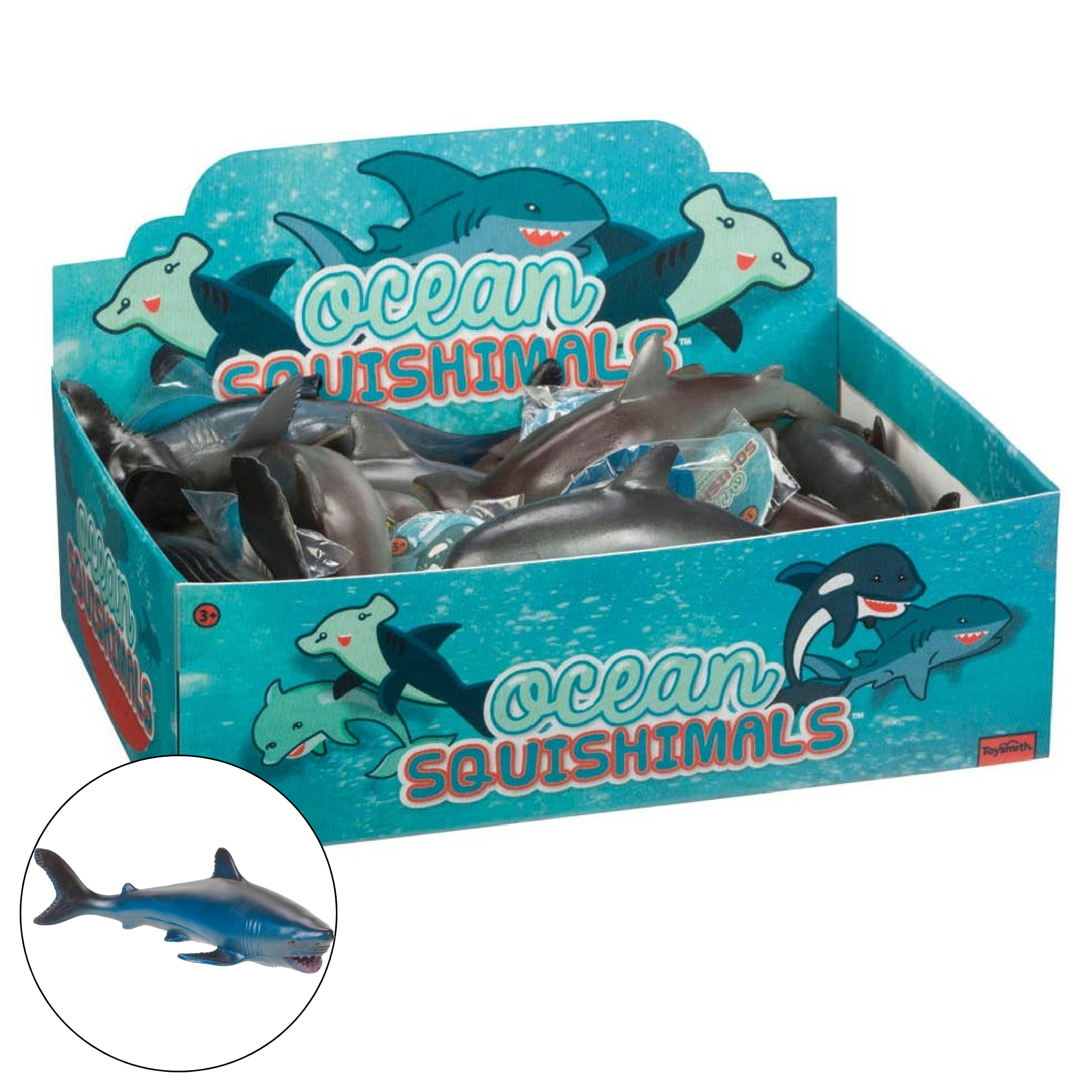 Box of Ocean Squishimals toys with shark figures on a white background