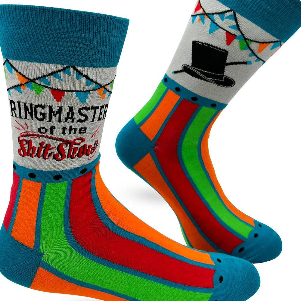 Colorful socks with text and designs on a white background