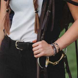 "Gallop" Horse & Bit Equestrian Accents in Rich Brown & Blue Hair Tie Bracelets: Medium