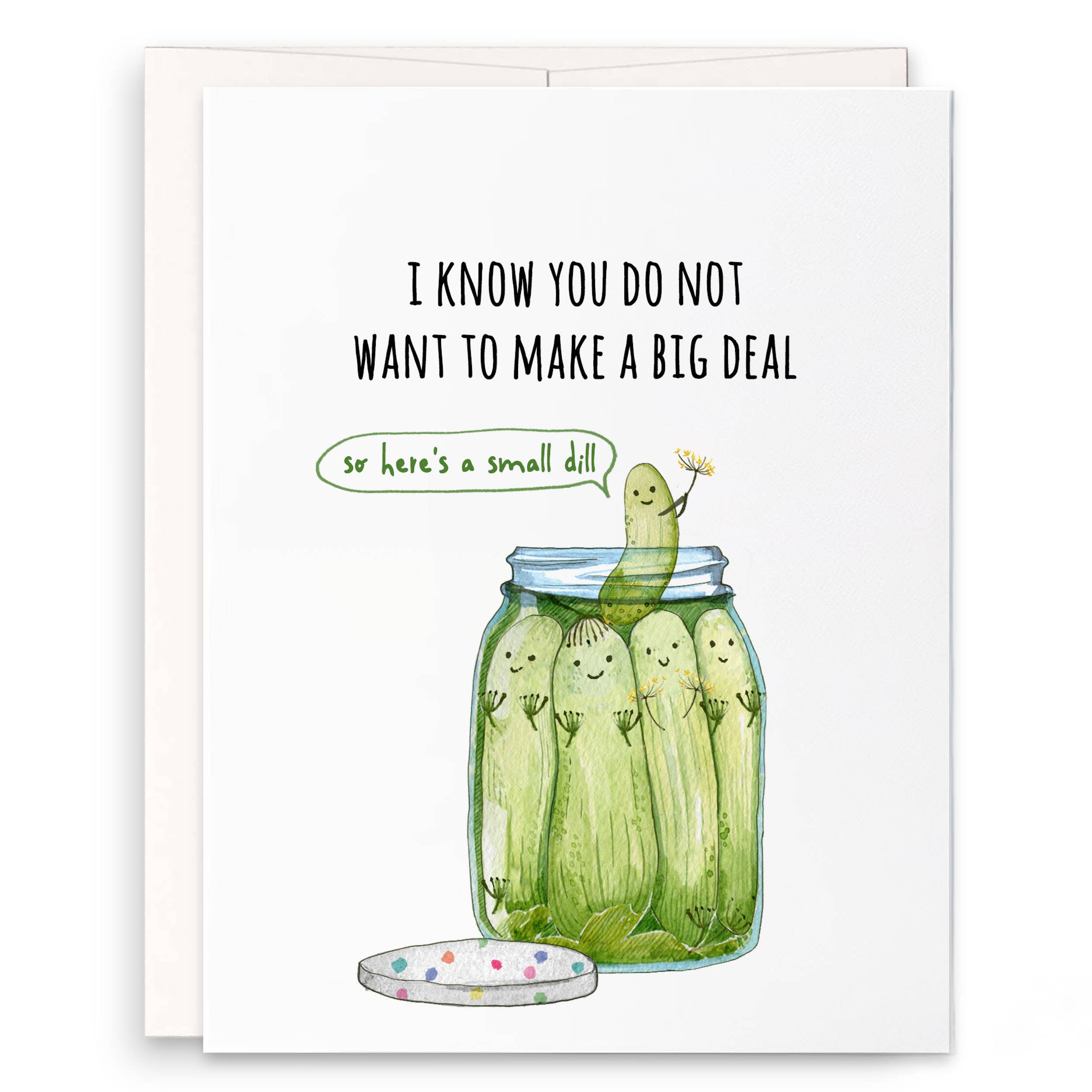 Card with illustration of pickles in a jar and humorous text on a white background