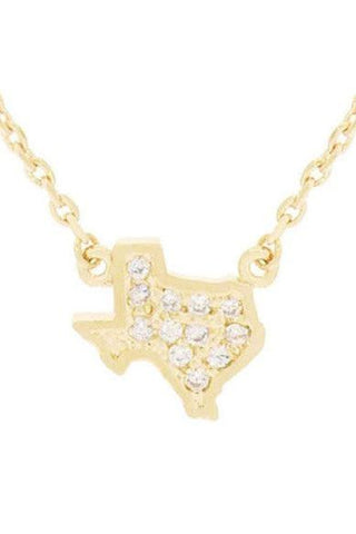Gold necklace with a Texas-shaped pendant on a white background