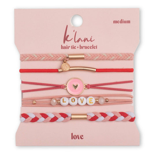 K'LANI "Love" Pink Hearts Hair Tie Bracelets