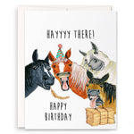 Birthday card with cartoon horses and text 'Hayyyy there! Happy Birthday' on a white background