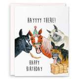 Birthday card with cartoon horses and text 'Hayyyy there! Happy Birthday' on a white background
