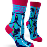 Colorful socks with dancer design and text on a white background