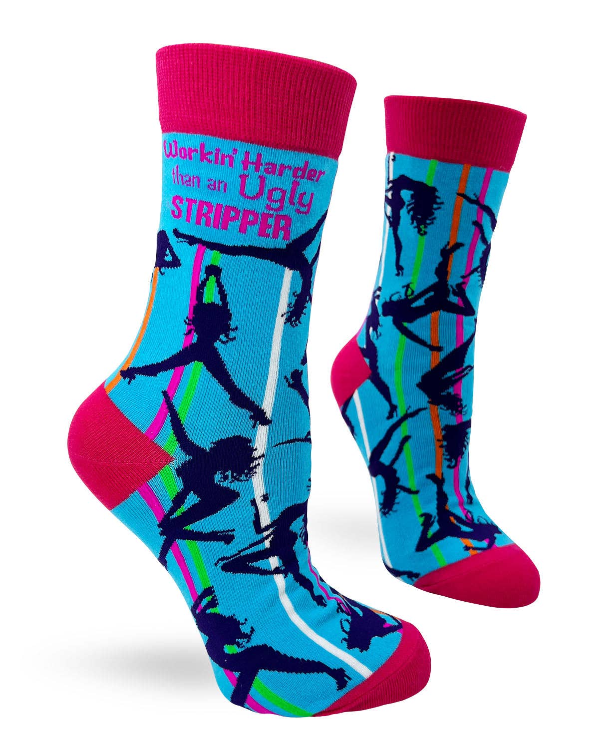 Colorful socks with dancer design and text on a white background
