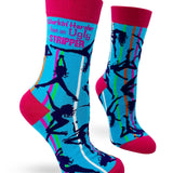 Colorful socks with dancer design and text on a white background