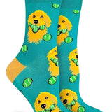 Teal socks with a pattern of a dog holding tennis balls on a white background