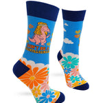 Colorful socks with floral patterns and a dinosaur design on a white background