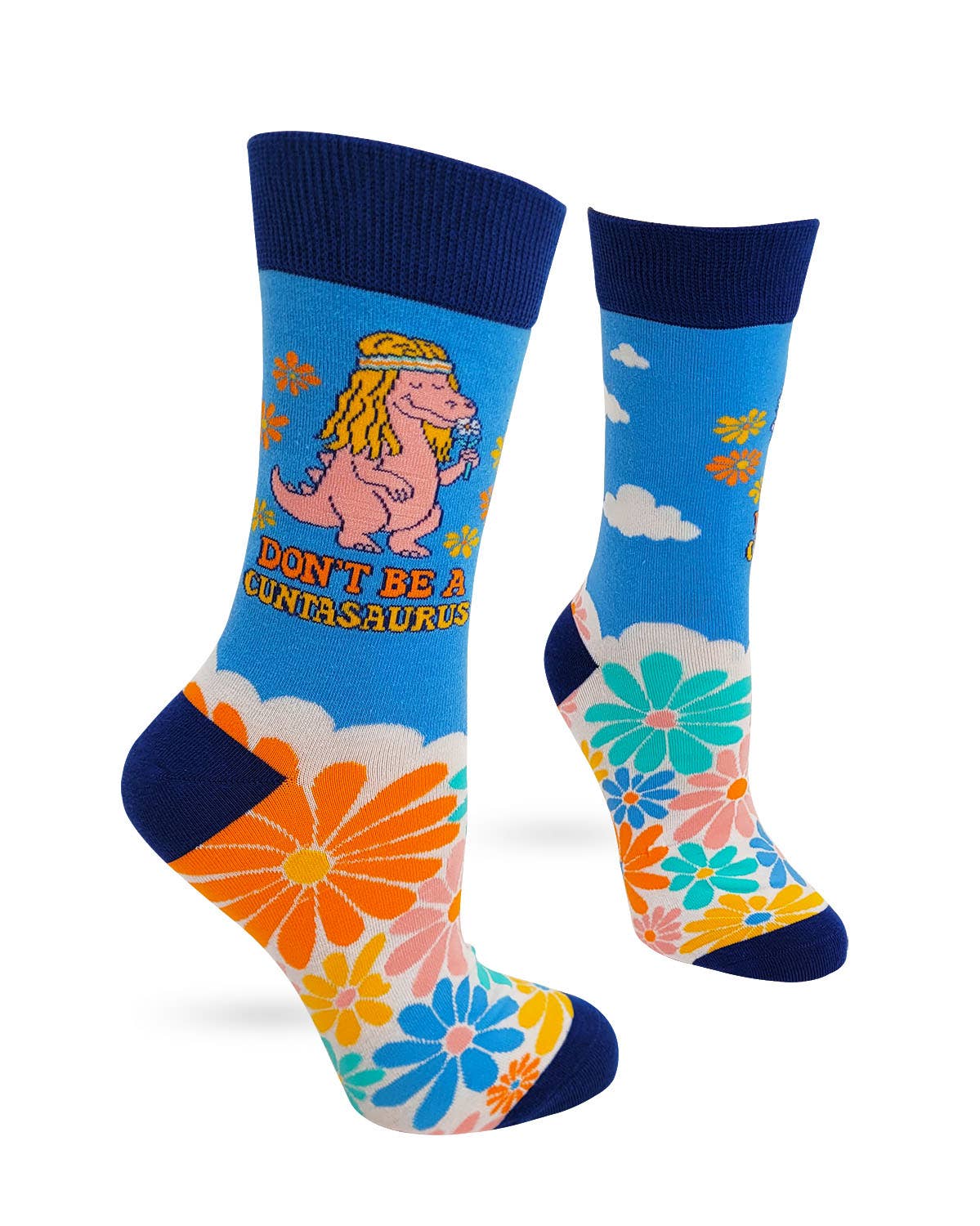 Colorful socks with floral patterns and a dinosaur design on a white background
