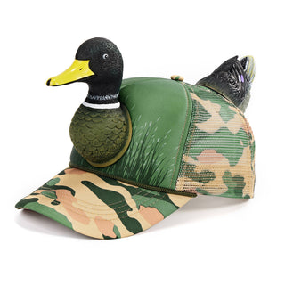 Camouflage cap with a duck design on a white background