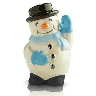 Decorative snowman figurine with a black top hat, blue gloves, and scarf on a white background