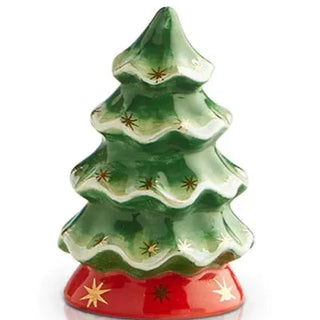 Decorative Christmas tree figurine with green body and red base on a white background