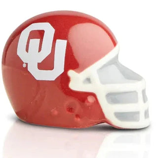 Red football helmet with a white 'OU' logo on a white background