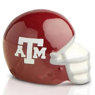 Red football helmet with white face mask and 'ATM' logo on a white background