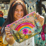 girl holding zipper bag.