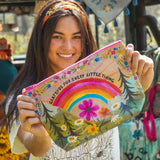 girl holding zipper bag.