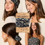 Woman wearing a floral headband and scrunchie with 'Boho Bandeau' packaging.