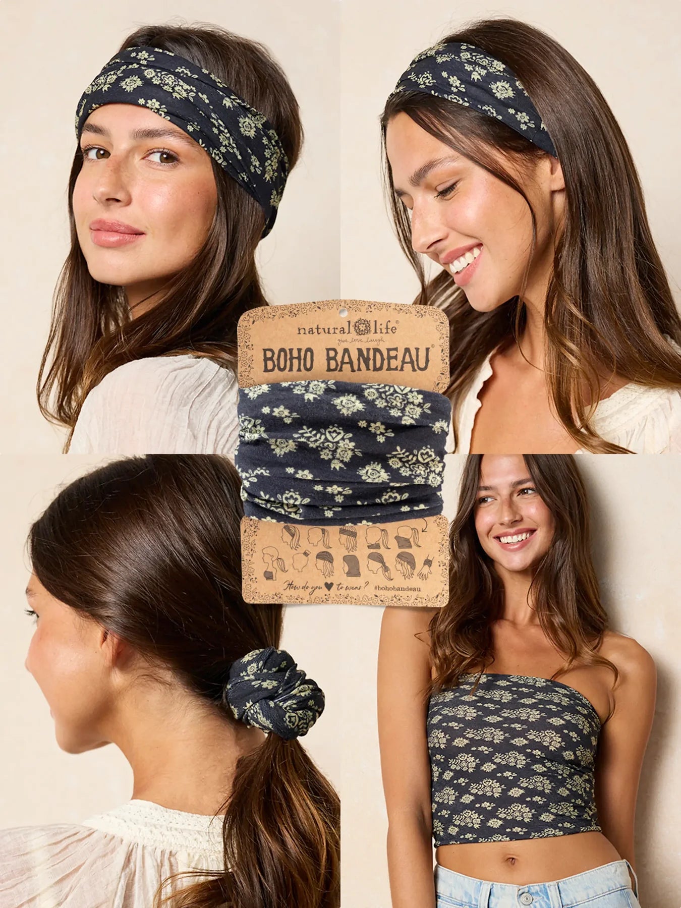 Woman wearing a floral headband and scrunchie with 'Boho Bandeau' packaging.