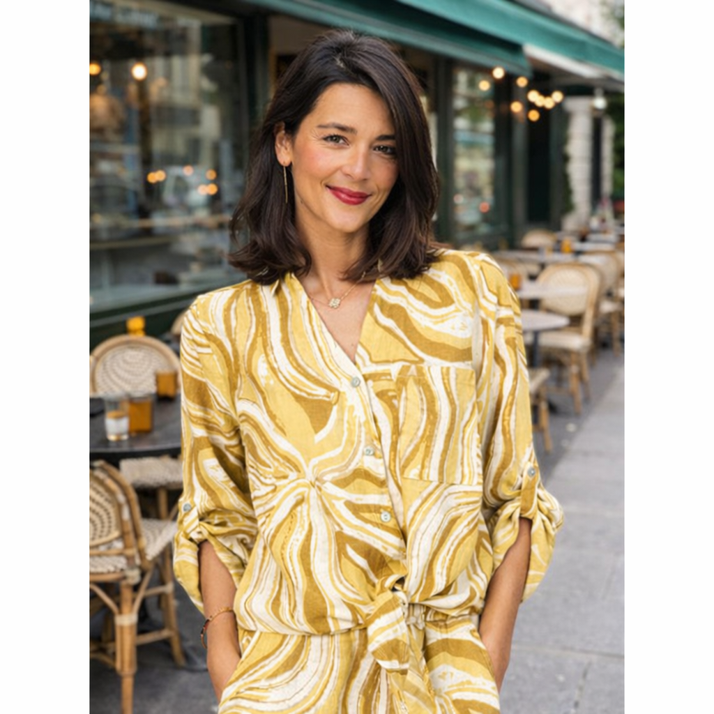 Woman in a yellow patterned dress standing in an outdoor cafe setting