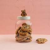 Jar of cookies with a teddy bear on top against a pink background