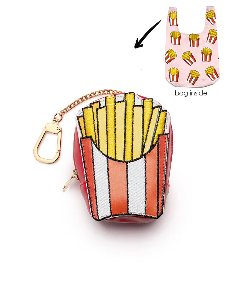 Fries-shaped coin purse with a pink bag featuring fries pattern on a white background