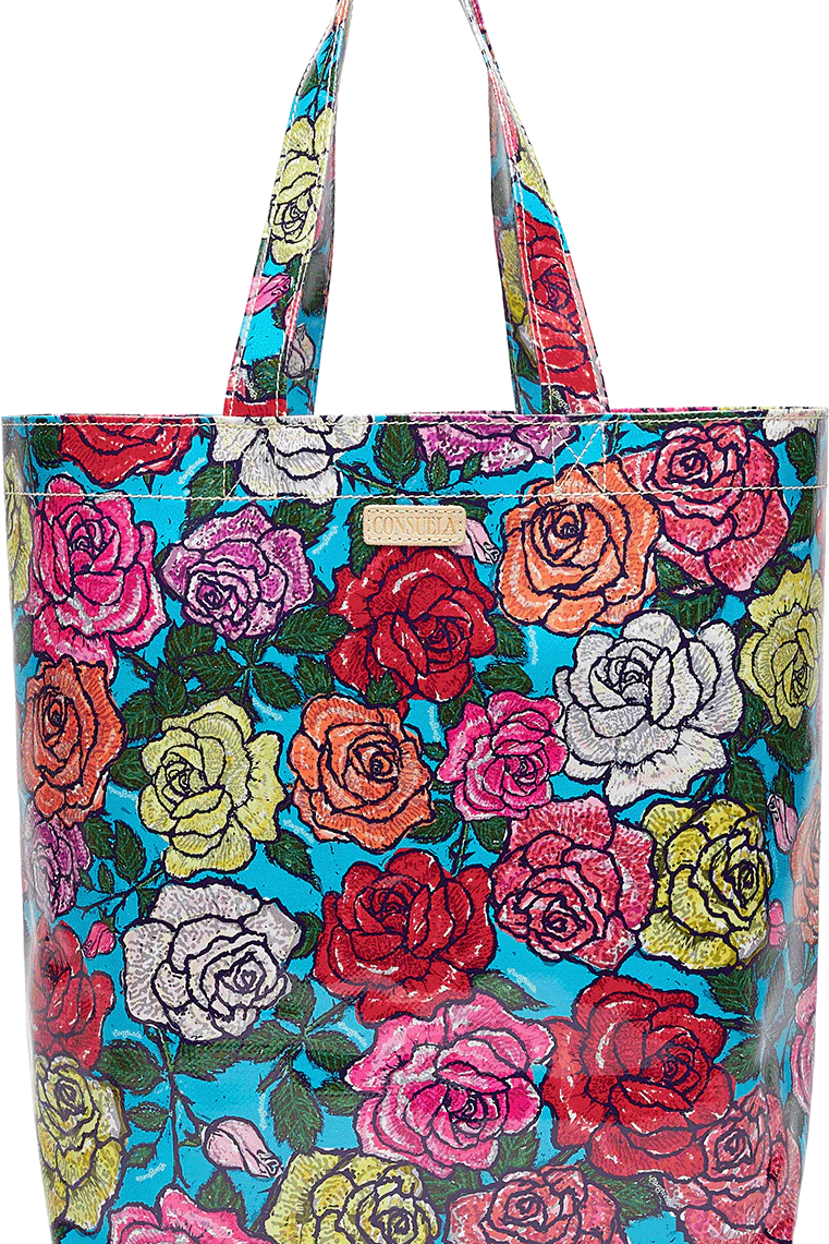 Colorful floral tote bag with a multicolor handle on a white background