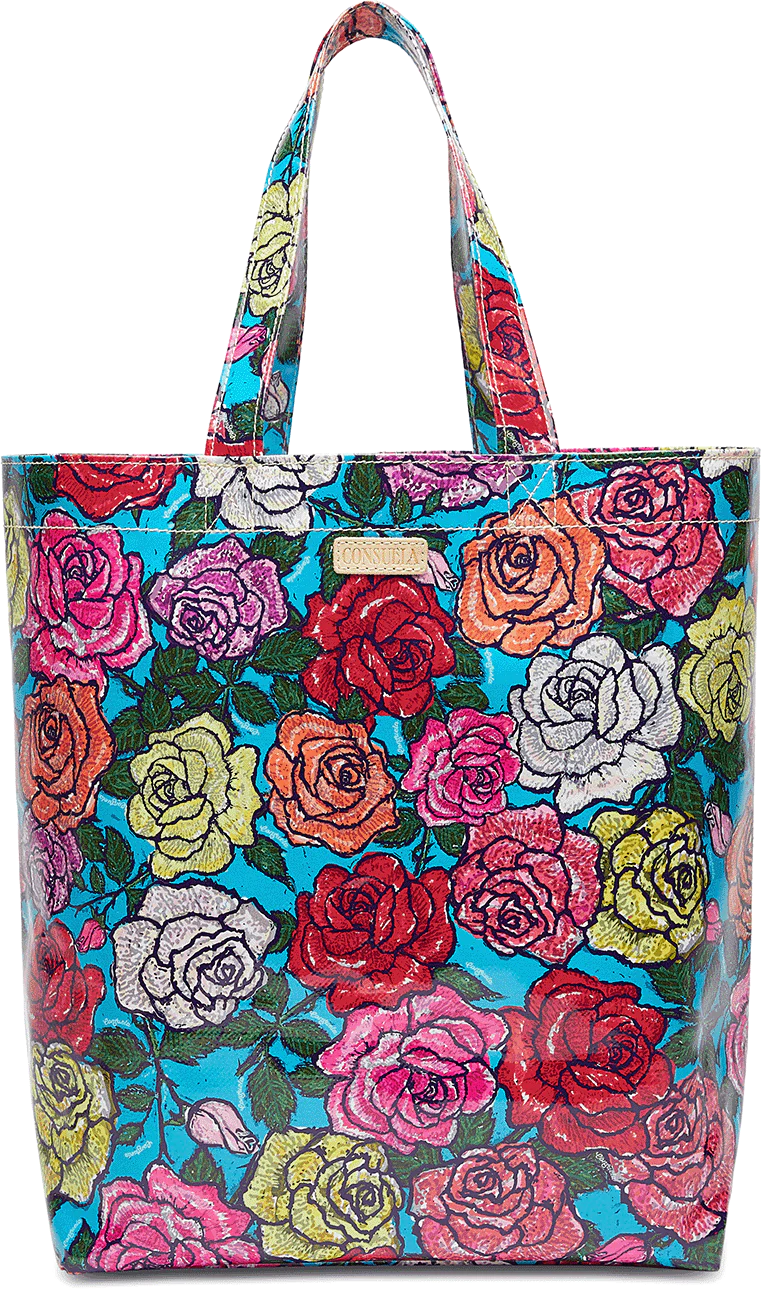 Colorful floral tote bag with a multicolor handle on a white background