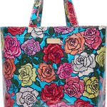 Colorful floral tote bag with a multicolor handle on a white background