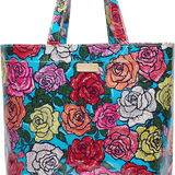 Colorful floral tote bag with a multicolor handle on a white background